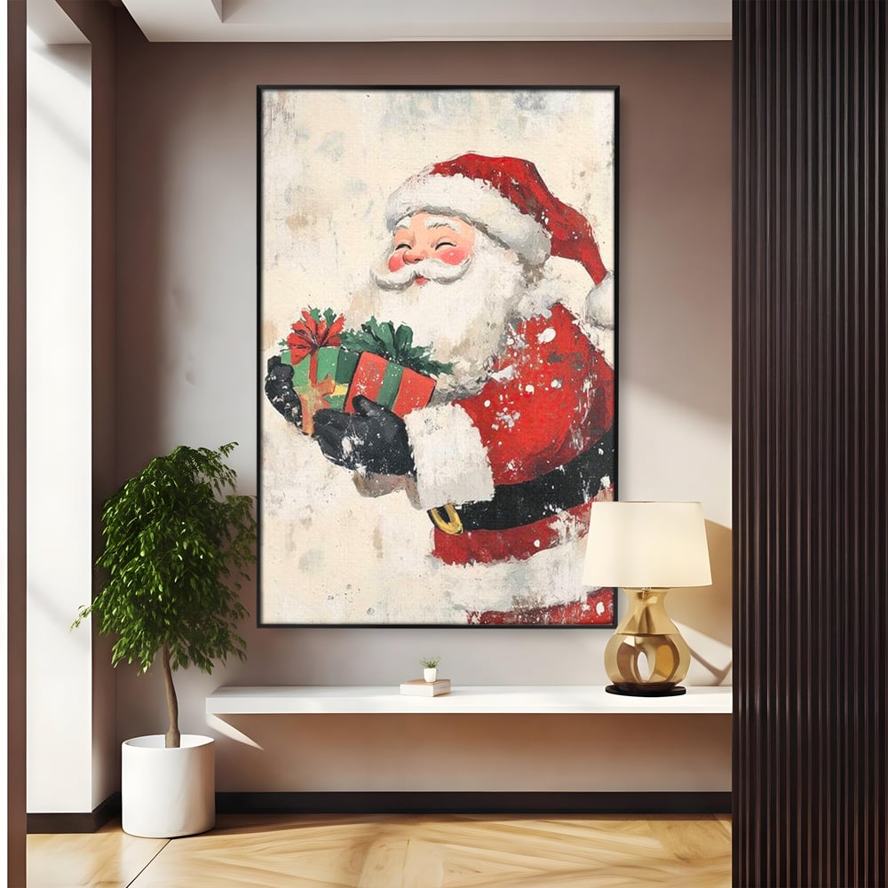 Tablou canvas cu ilustratie vintage cu mos craciun, in rama de aluminiu negru